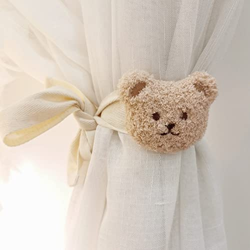 Embrasses de Rideaux, Corde de Cravate de Sangle de Rideau de Tête d'ours Stéréo Brodée, Attaches de Rideau de Corde Décorative d'ours en Peluche Décoration de Chambre(Ours Couleur thé au Lait)