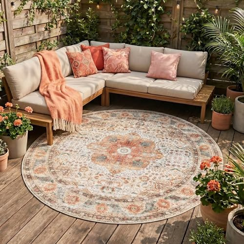 FRAAI | Home & Living In- & Outdoor Teppich Rund - Kairo Medaillon Creme Bunt - Wetterfest - Polypropylen - Ø 120 cm - Wohnzimmer, Esszimmer, Balkon, Garten/Terrasse - Terrasse Teppich - Outdoor Rug