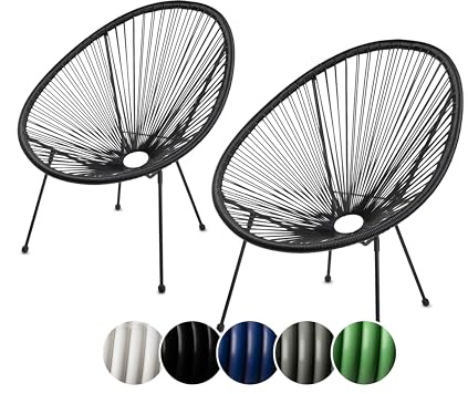sunnypillow 2er Set Acapulco Gartenstühle - gemütlicher Loungesessel für Wohnzimmer, Terrasse, Garten, Balkon Sessel Stuhl - Korbsessel Gartensessel im Retro Design - Outdoor/Indoor - Schwarz