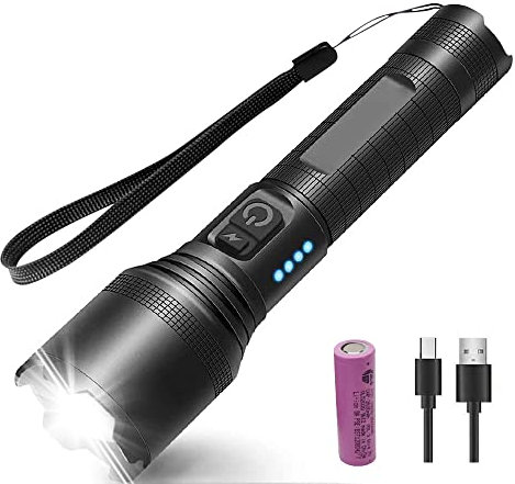 Happy GO Taschenlampe LED Aufladbar 10000 Lumen Extrem Hell Zoombare Taktische Taschenlampe klein 2 Schalter 5 Lichtmodi Type-C IPX6 Wasserdicht für Camping Outdoor Angeln Notfälle survival ausrüstung