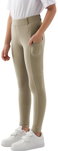 MoFiz Pantaloni Equitazione Bambina Pantaloni alla Zuava a Seduta Intera con Silicone Leggins Equitazione con Tasca per L'Estate Cachi 128-140