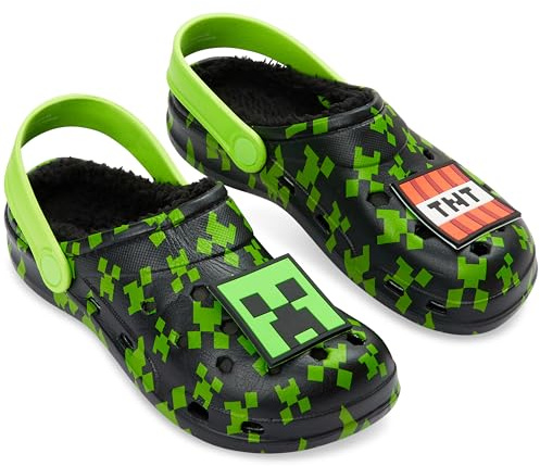 Minecraft Boys Winter Clogs Fleece Lining & Charms, Kids Teens Garden Shoes Slip On with Strap (Black/Green, 5/6 UK)
