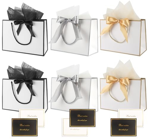 6 stycken presentpåsar med handtag och band, presentpåse stor med 6 gratulationskort 12 Sydney-papper, 3 färger presentförpackning, presentpåse för gåva, födelsedag, fest, bröllop