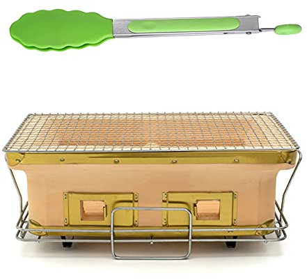 Parrilla de arcilla de cerámica japonesa con pinzas para alimentos, parrilla rectangular de carbón Hibachi, estufa de mesa para barbacoa Yakitori, camping o hogar, color amarillo
