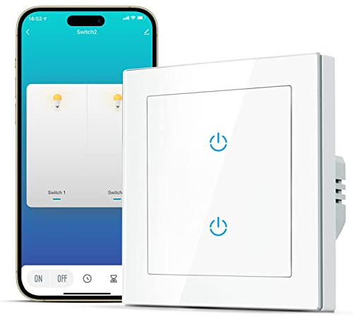 SMARTERCURRY Smart WLAN Lichtschalter 2 Fach 1 Weg, Weiß-1 Stück | Glas Touch Lichtschalter Kompatibel mit Alexa/Google Home, App Timer/Fernbedienung-Funktionen, Neutralleiter Erforderlich
