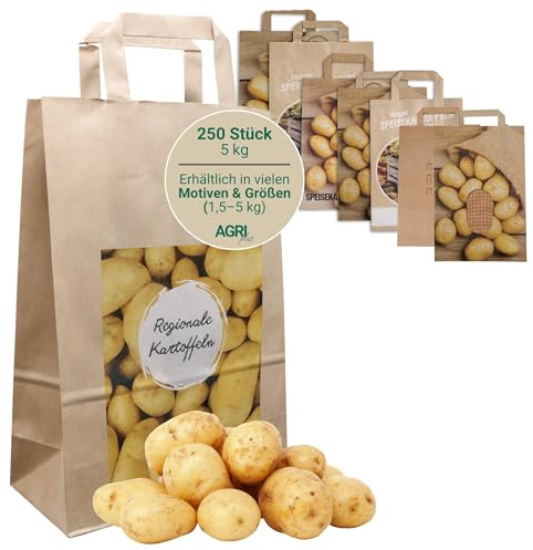AGRI plus Kartoffeltüten Regionale Kartoffeln 5 kg I 250 Stück I Biologisch abbaubare Papiertragetaschen in 220 x 110 x 360 mm I Robuste Kartoffeltragetaschen aus 90 g/m² Kraftpapier