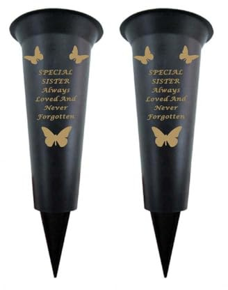 Memorial Grave Vases Ornaments Black Plastic Flower Holders - Butterfly Spike Grave Flower Vases with Funeral Verses for Your Loved Ones - Pack of 2 (Sister - Pack of 2)