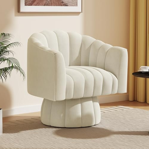 Mid Century Samt-Stuhl, 360 Grad drehbar, breiter, gepolsterter Sitz, ideal für Wohnzimmer, Schlafzimmer, Büro, Wartezimmer, Beige