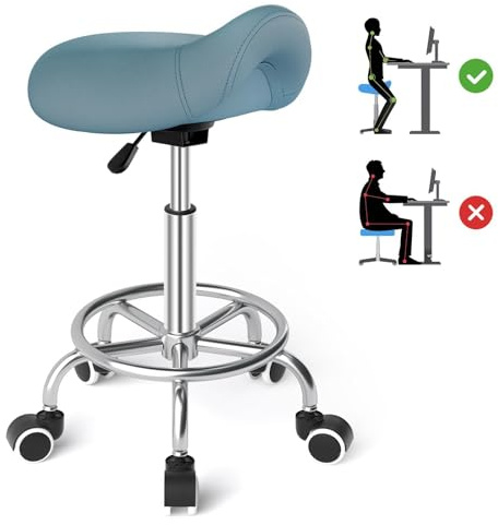 YEEZEE Bequemer Sattelhocker Ergonomisch mit Fußstütze für Büro, Blau | Sattelhocker mit Rollen, 150kg Traglast, 46-59cm Höhenverstellbar, 360° Drehbar, PU-Leder, Ideal für Salon, Praxis, Massage