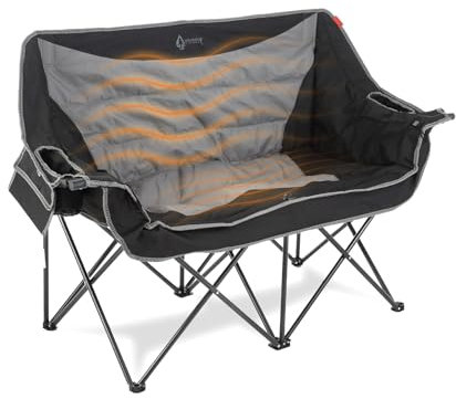 ARROWHEAD OUTDOOR 57 Wide Duo Foldable Heated Camping Loveseat Chair with 3-Stage Heating, Large Cup Holders, Glass Holders, Side Pockets, and Storage Pouches