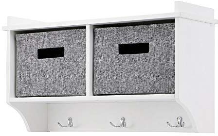 Livhome Wall Mounted Coat Rack with Storage, Wooden Hallway Coat Hooks with Shelf and Baskets, Wall Storage Unit, Perfect for Entryways, Bedrooms, and Hallways (White, 3 Hooks, 2 Baskets)