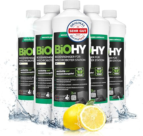 BiOHY Limpiador de suelos para robot de fregado con aroma fresco (6 x 1 litro) | Detergente concentrado para todos los robots de limpieza y aspiración con función húmeda, sin espuma y sin rayas, para