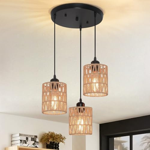 Mlihove Rattan Pendant Light 3-Lights, Rattan Ceiling Light Fixture Hanging, Boho Chandelier Lighting Hand Woven Wicker Shades for Kitchen Island Dining Room Bedroom Hallway Living Room