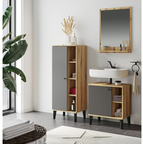 Lomadox Badmöbel-Set 3-teilig mit Waschbeckenunterschrank 60 cm, Spiegel, in Eiche und Grau, modern
