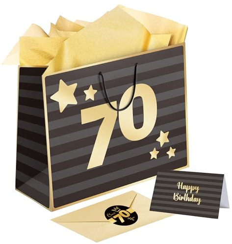 Sumerk Großes Geschenktüten-Set, Geschenktüte zum 70. Geburtstag, 3 Stück goldenes Seidenpapier, 2 Stück Aufkleber zum 70., Geburtstagskarte mit Umschlag