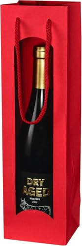 10x Wein Flaschen Geschenktüten Rot mit Sichtfenster, feine Leinenstruktur, & Kordel aus Baumwolle