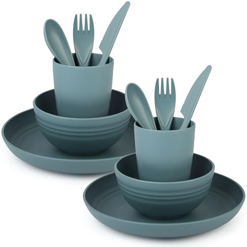 Set di stoviglie in plastica infrangibile per campeggio, picnic e cene, include piatti, ciotole, tazze e posate, adatto al microonde e alla lavastoviglie