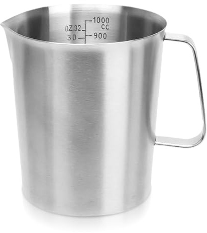Tutamaz Messbecher Edelstahl, 1L Edelstahl Messkanne mit Markierung und Griff, BPA Frei, 304 Edelstähl Messbecher Metallkännchen, Milchaufschäumbecher für Zuhause Küche Restaurant Bar (1000ml)