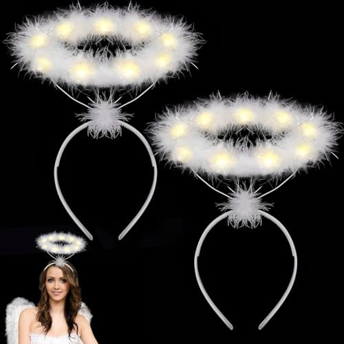 Haarreif Heiligenschein weiß Engel, 2 Stück LED Heiligenschein Halloween Engel Haarreif Engelskostüm, Led Haarreifen Engel, Engel Kostüm Zubehör für Karneval Halloween Weihnachten Cosplay Geburtstag