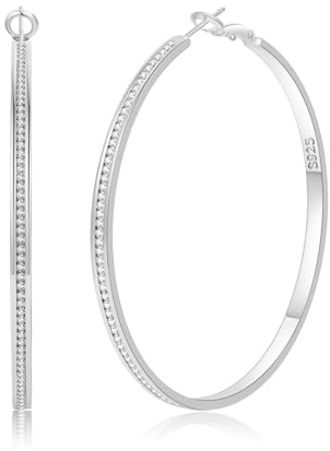 SENTERIA 925 sterling silver cirkelörhängen för kvinnor 3 mm breda lätta allergivänliga glittrande strass örhängen med kubisk zirconia 30/40/50/60/70 mm