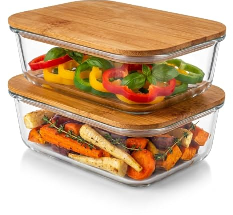 Glass Containers with Lids- Reusable Meal prep containers with Lid, Small glass containers, Glass Tupperware boxes with air tight lid for food storage containers with Bamboo lid (02 Set) 1040ml