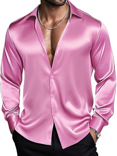Barry.Wang Camicie da uomo a maniche lunghe, elasticizzate, tinta unita, con bottoni, in raso, per occasioni formali, casual, aziendali, matrimoni, feste
