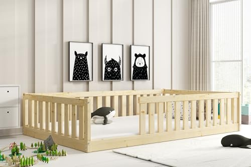 Interbeds inkl. fallskydd och ribbotten | 120 x 200 cm | natur | Golvsäng Montessori | Säng av massivt trä, spjälsäng (tall, 120x200)