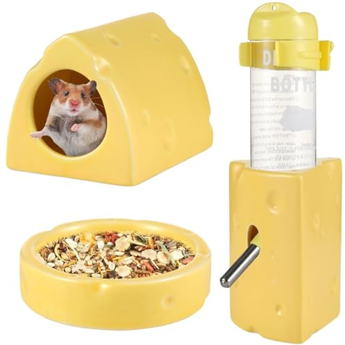 PONDON Houses - Set di 3 simpatici animali in ceramica, per pane/creme, criceti con mangiatoia e ciotola, set da 3 pezzi