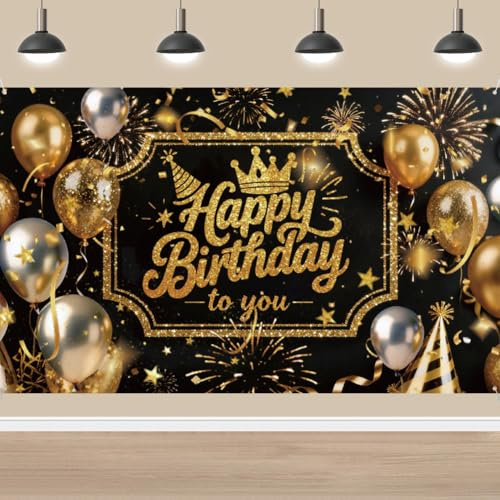 PRESSINART Black and Gold Birthday Backdrop Birthday Banner Poster 70.9 x 43.3 Inch Balloon Fireworks Pattern Polyester Interior Photography Background with 10M Rope for Party Decorations Supplies