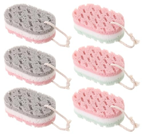 TOYZFRIENDY Lot de 6 Éponges de Bain Exfoliantes pour Adultes Nettoyage Doux et Profond Matière Douce et Respirante Couleurs Vert Blanc Rose et Gris Blanc Soin Peau Accessoire Hygiénique