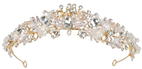 MOTIBACK Diadem Gold Krone Damen Tiara Hochzeit Haarschmuck Kristallkrone mit Perlen und Blumen fuer Braut Prinzessin Geburtstag Proms