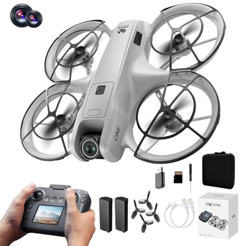 RC Drohne mit Dual Kamera, Propellerschutz für mehr Sicherheit, LED Beleuchtung – Bürstenloser Motor, Höhenhold, One-Key Start/Landung, Headless Mode, 3D-Flips, 3 Speed Modi, 2 Akkus – für Einsteiger