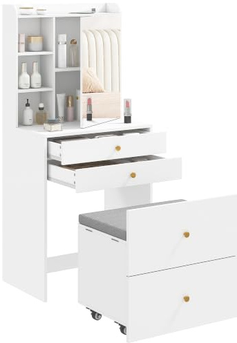 HOMCOM Coiffeuse avec Miroir et Tabouret de Rangement Mobile Tiroirs Blanc