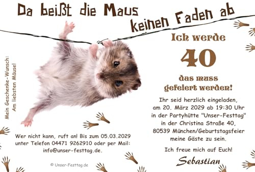 Lustige Einladungskarte Maus am Faden jedes Alter möglich - 30 40 50 60 | Geburtstag, Wunschtextes, als digitale Datei (JPG) oder gedruckt auf Feinstkarton, 1 - 100 Karten