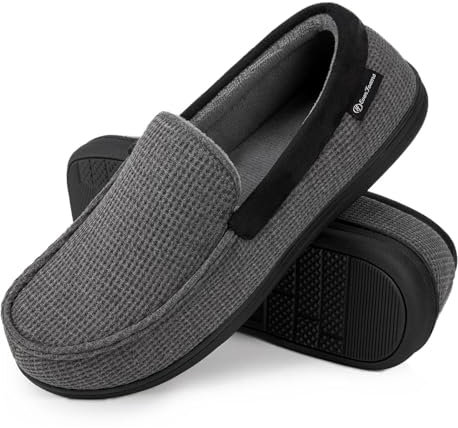 EverFoams Men's Comfort Memory Foam Moccasin Slippers Breathable Terry Cloth House Shoes with Anti-Skid Rubber Sole Grey 9 UK