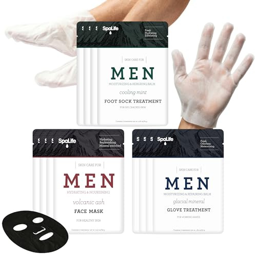 SpaLife Men's 12-Piece Spa Set: Repairing Hand Gloves for Dry Hands, Cooling Mint Foot Socks for Cracked Heels, and Moisturizing Face Mask Ultimate Men Grooming and Relaxation Gift Kit