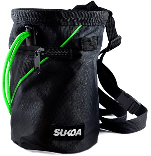 Sukoa - Borsa per gesso per arrampicata su roccia, secchiello per gesso bouldering con cintura a clip rapida e 2 grandi tasche con cerniera, attrezzatura per arrampicata su roccia (verde)