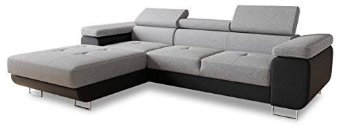 Ecksofa Divo mit Schlaffunktion, Bettkasten und Kopfteilverstellung, Polsterecke, Wohnlandschaft, Sofagarnitur, Couch, Sofa, Federkern (Schwarz + Grau (Soft 011 + Sawana 21), Ecksofa Links)