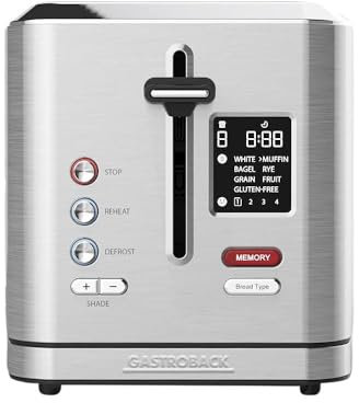 GASTROBACK #42395 - Tostapane digitale 2S, 2 fette integrate, 7 programmi di toast, display LCD conto alla rovescia, 800 Watt, cassa in acciaio inox, colore: Argento