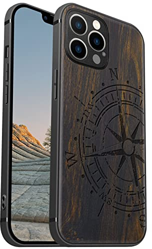 Carveit Coque magnétique pour iPhone 12 Pro Étui [Élégant Bois Sombre] [Pare-Chocs en TPU Souple] Case de téléphone Antichoc Compatible Magsafe avec 12Pro Coque Bois (Boussole Vintage)