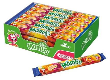 Mamba, Kaubonbons mit Fruchtgeschmack - 24 x 106 g (4er Stange) | Leckerer Süßigkeiten Mix, softe Bonbons in 4 fruchtigen Sorten Erdbeere, Himbeere, Zitrone & Orange, einzeln verpackt