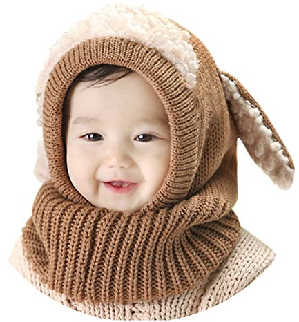 Warm Mütze und Schal Set für Jungen Mädchen 3-6 Jahre, Baby Beanie Mütze Stricken Wintermütze Warm Niedlich Hund Schlupfmütze Kinder Schalmütze Fleecefutter Strickmütze Thermische Kapuzenschal,Khaki
