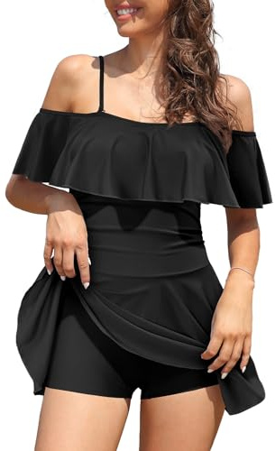 SHEKINI Womens Skirted One Piece Swimsuit Off-Shoulder Swimwear | with Built-in Boyleg Shorts, Ruffled Flounce Swimming Costume, Removable Paddings, Adjustable & Detachable Straps