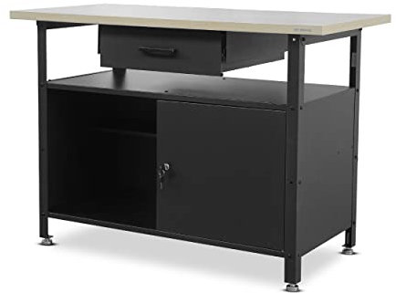 Jan Nowak Werkbank mit Arbeitsplatte Werktisch mit Schublade Schließfach Verstellbare Füße Belastbar bis 400 kg Metall Schwarz 120 cm x 60 cm x 85 cm