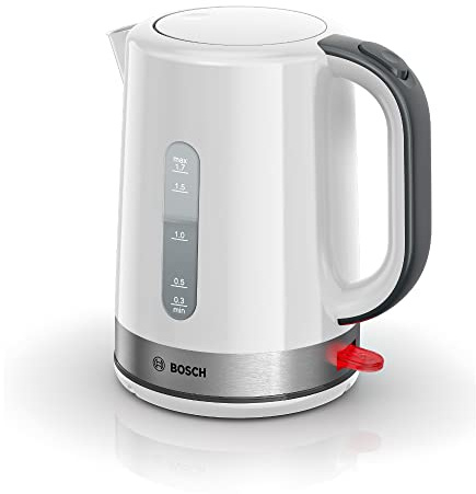 Bosch Bouilloire sans fil ComfortLine TWK6A511, arrêt automatique, protection contre la surchauffe, filtre anti-calcaire amovible, 1,7 l, 2200 W, acier inoxydable/blanc, verrouillage du couvercle,