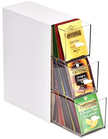 Zoutpy Contenitore per bustine di tè con 3 cassetti, per bustine di tè, zucchero, cialde di caffè (bianco)