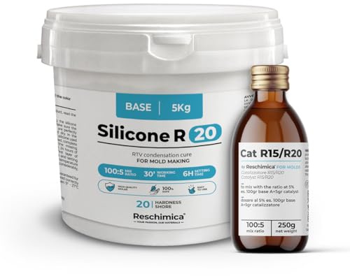 Caoutchouc de Silicone R20 pour Moule Souples (20 ShoreA), bi-composant, durcissement Rapide (6h), Caoutchouc de coulée Blanc Semi-Brillant pour la Reproduction de modèles et Bijoux (3 kg)