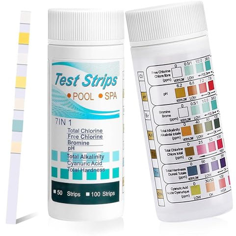 SFSSHUI 100 Stück 7-in-1 Pool Teststreifen, Wassertester für Freies Chlor, Brom, Alkalinität und pH-Wert