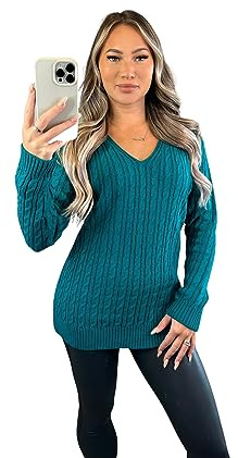 Crazy Fashion Ladies Long Sleeve V-Neck Knitted Cable Women’s Jumper Knitted Sweater Pull Over Jumper Top Knit Warm Winter Chunky Everyday Casual Pullover Plain Tops UK 8-22