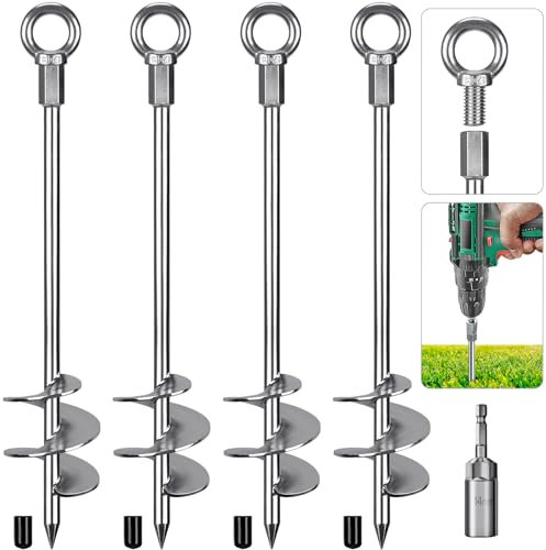Insaga Tent Peg, 45cm Heavy Duty Ground Anchor Large Metal Earth Stake Spiral Blade Screw in Trampolines Spike for Swing Set/Camping/Shed/Dog/Carport with Fixed Eyelet, 4 Pack